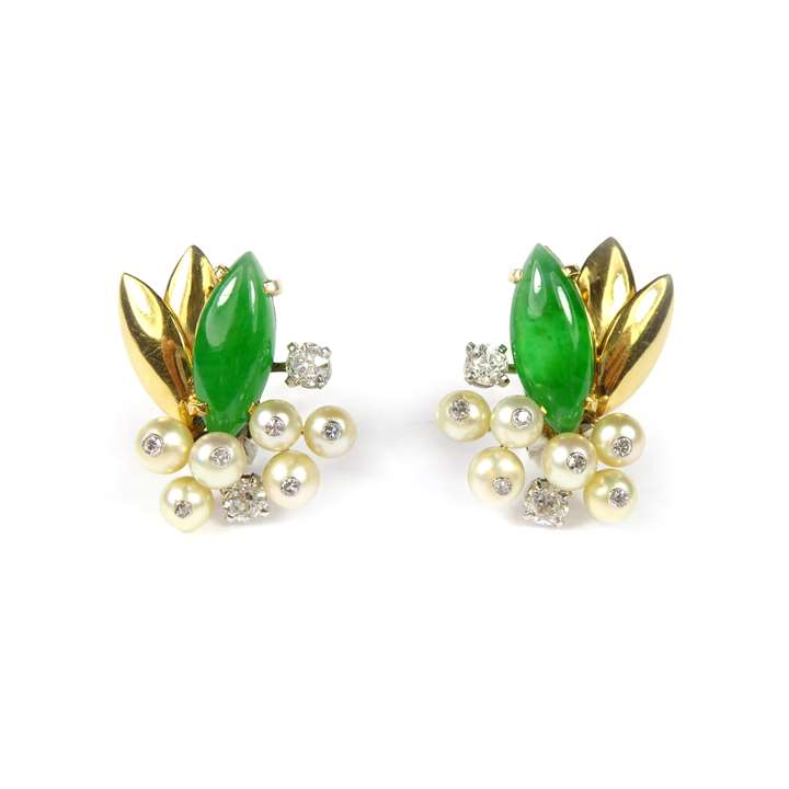Pair of jade, diamond and pearl earrings, of foliate cluster design,